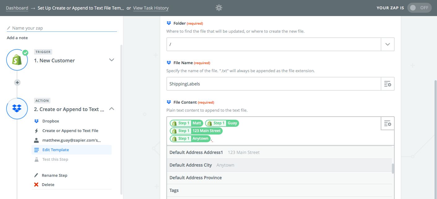 Zapier Dropbox text file integration