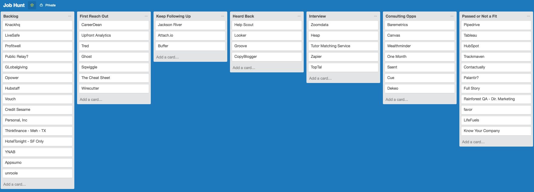 A screenshot of the Job Hunt Trello board. There are 7 Lists. From left to right, Backlog, First Reach Out, Keep Following Up, Heard Back, Interview, Consulting Opps, and Passed or Not a Fit. Each List has Cards in it with the names of companies.
