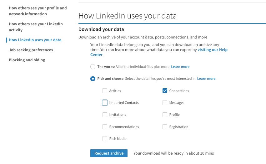 How LinkedIn uses your data, choose who you want to export.