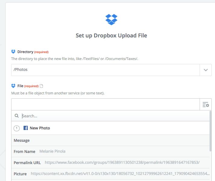 Facebook Groups Zap to Dropbox