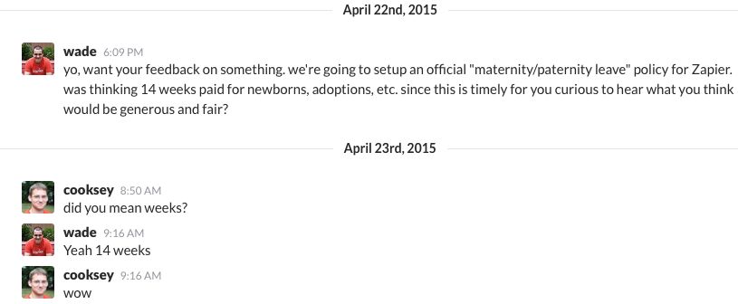 Slack conversation regarding parental leave