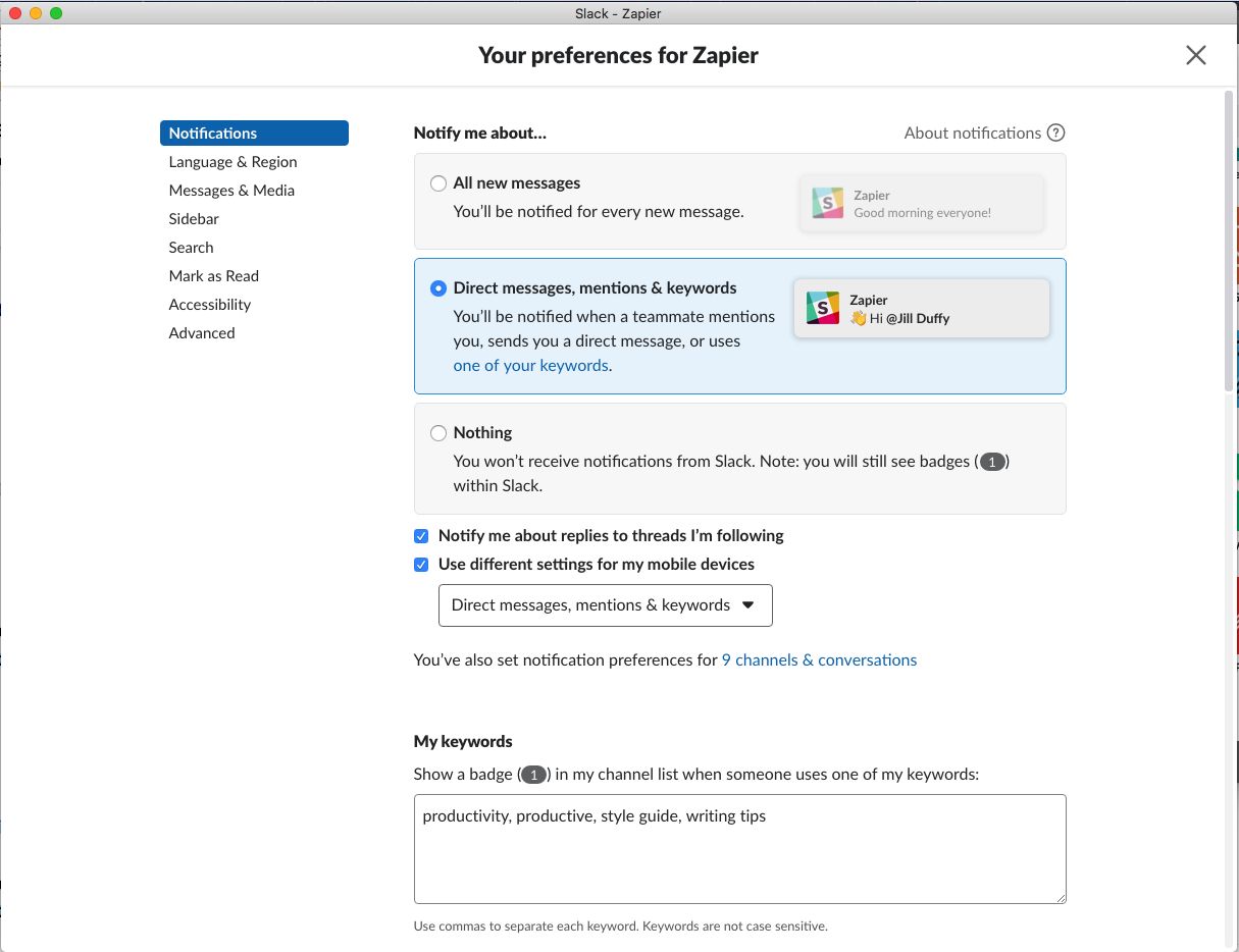 Slack offers excellent customization for notifications