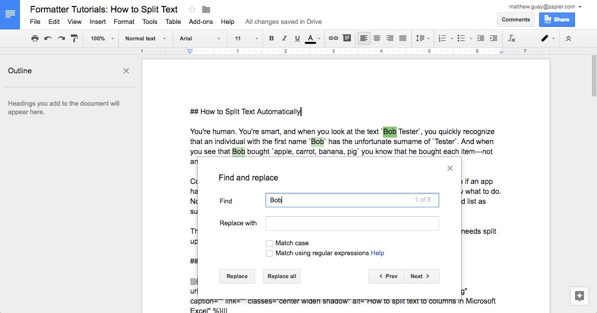 Find and replace in Google Docs