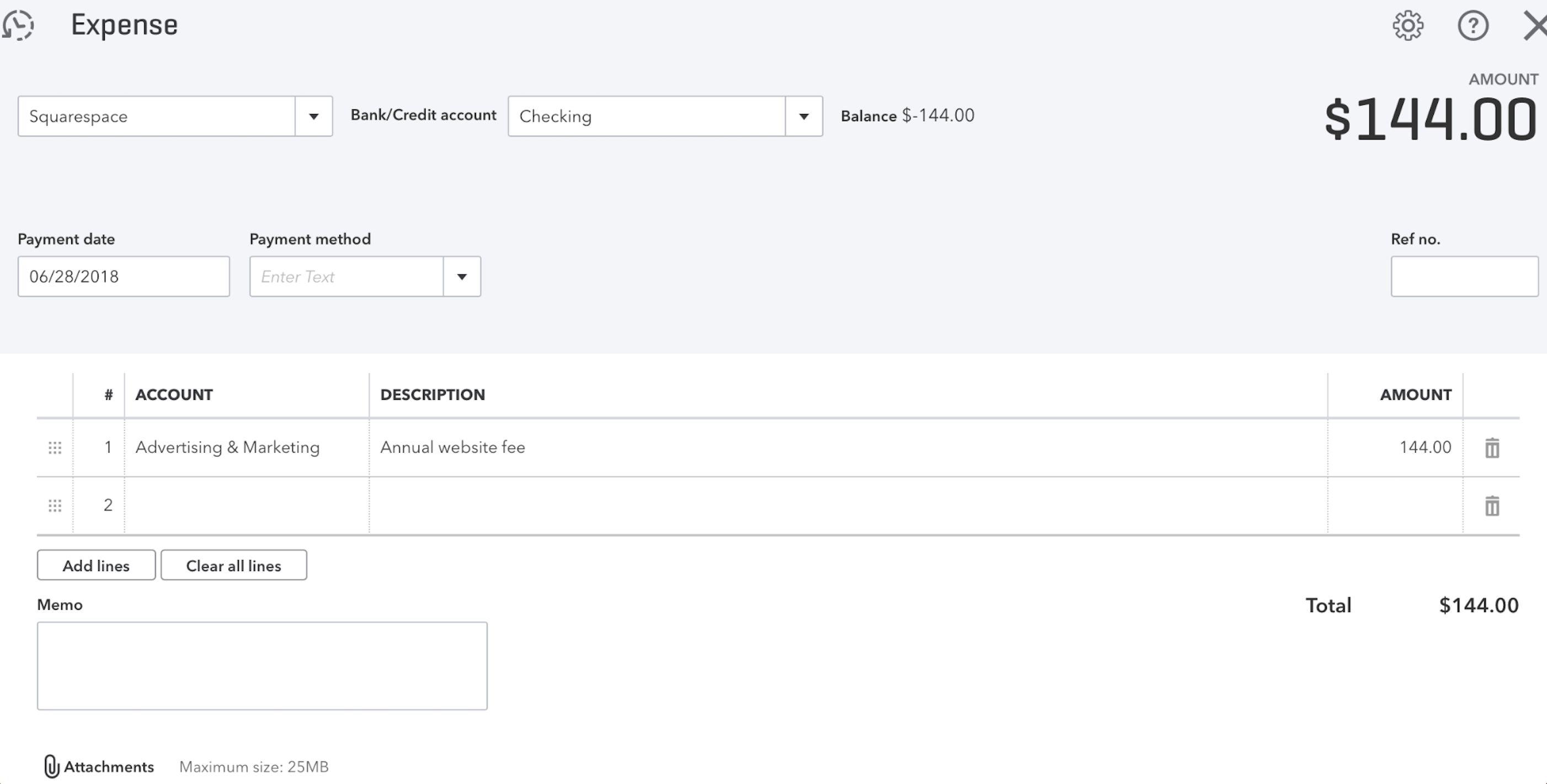 QuickBooks expense screenshot