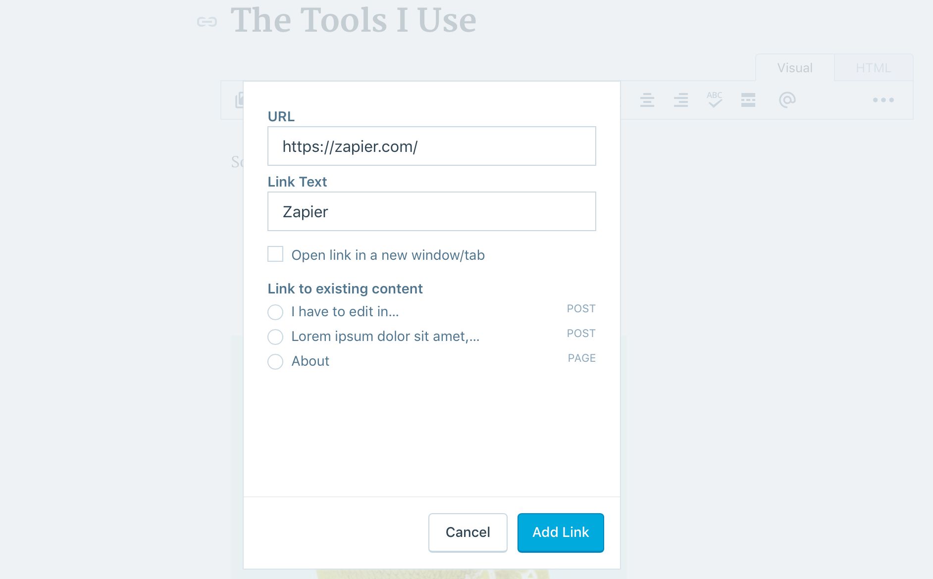 Adding a link in WordPress