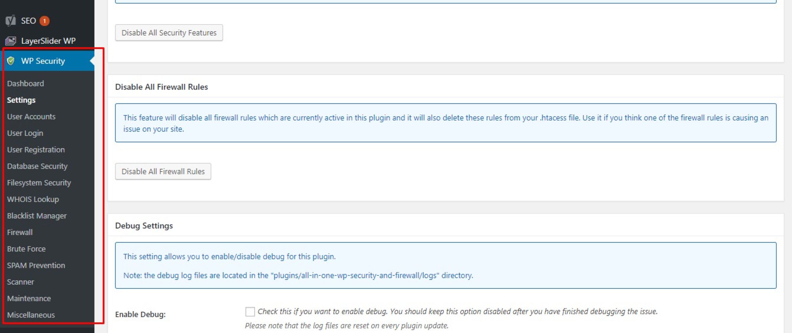 All in One security settings