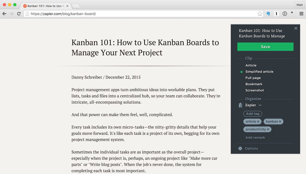 Optimized web clipper in Evernote