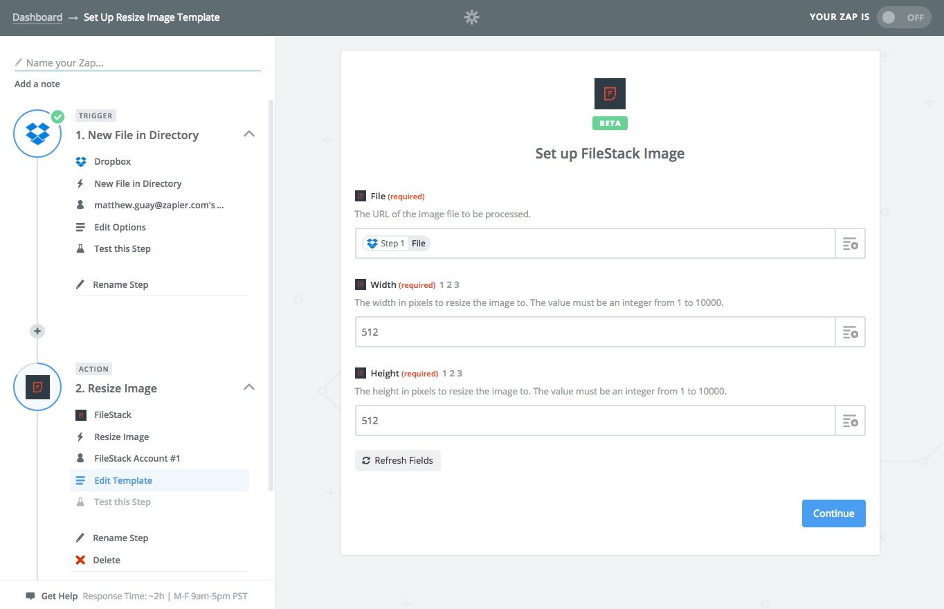 Filestack resize image in Zapier
