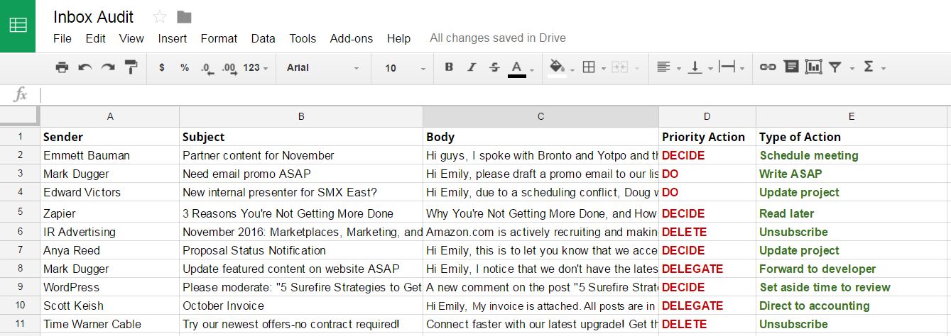 Priortized Inbox Spreadsheet