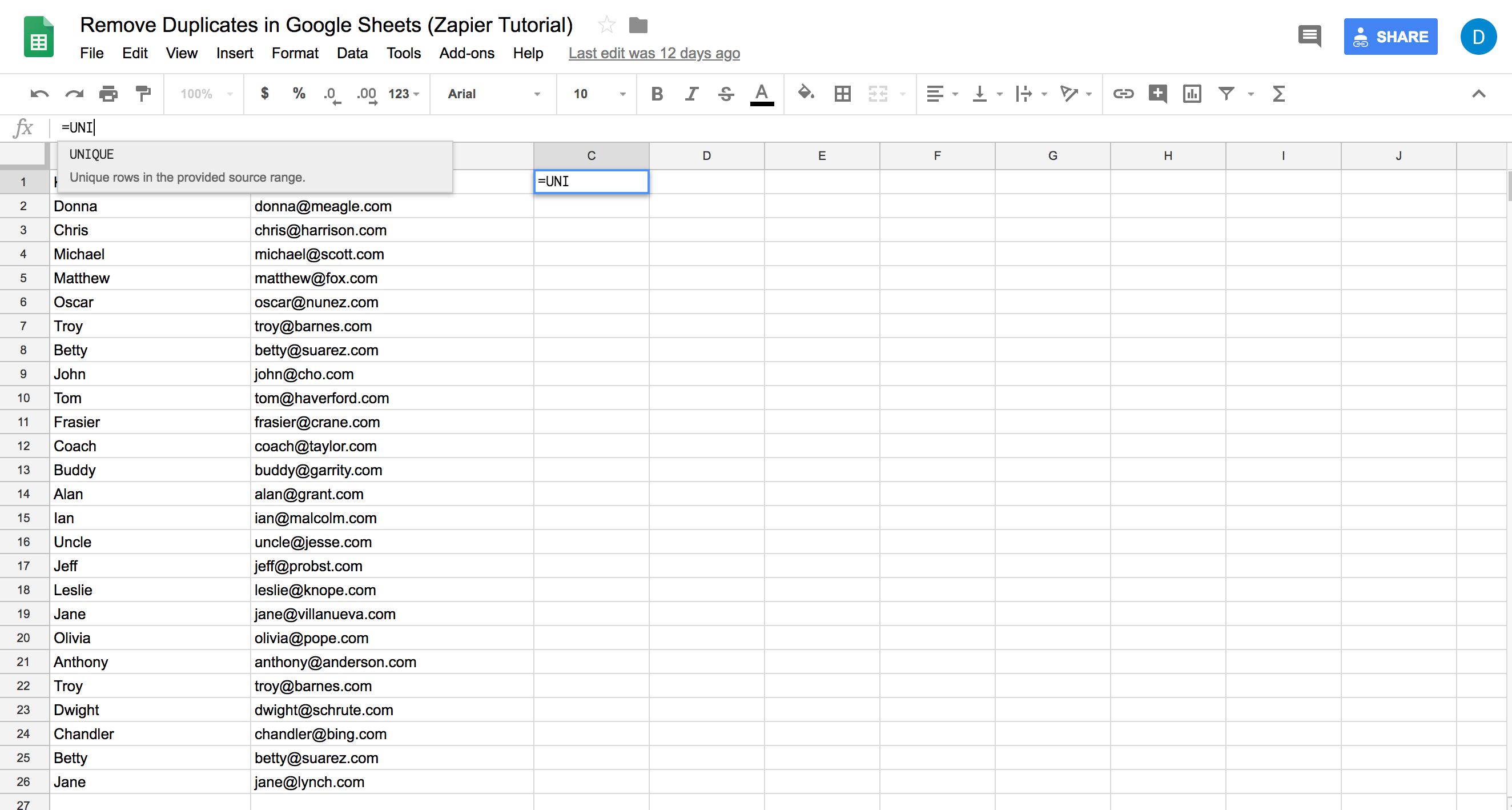 Typing =UNIQUE into a cell on a blank worksheet