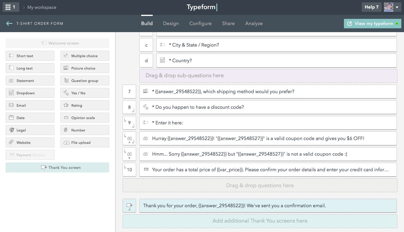Payment form in Typeform