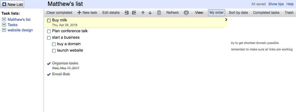 Google Tasks web app