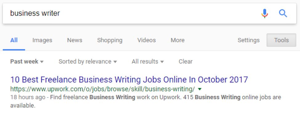 Google search results for business writer narrowed down to the past week