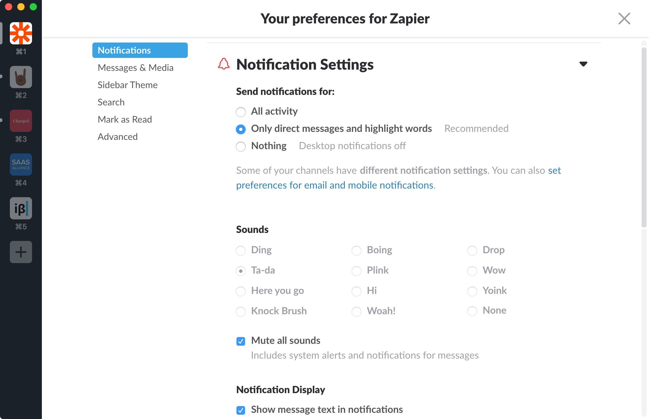Slack notification settings