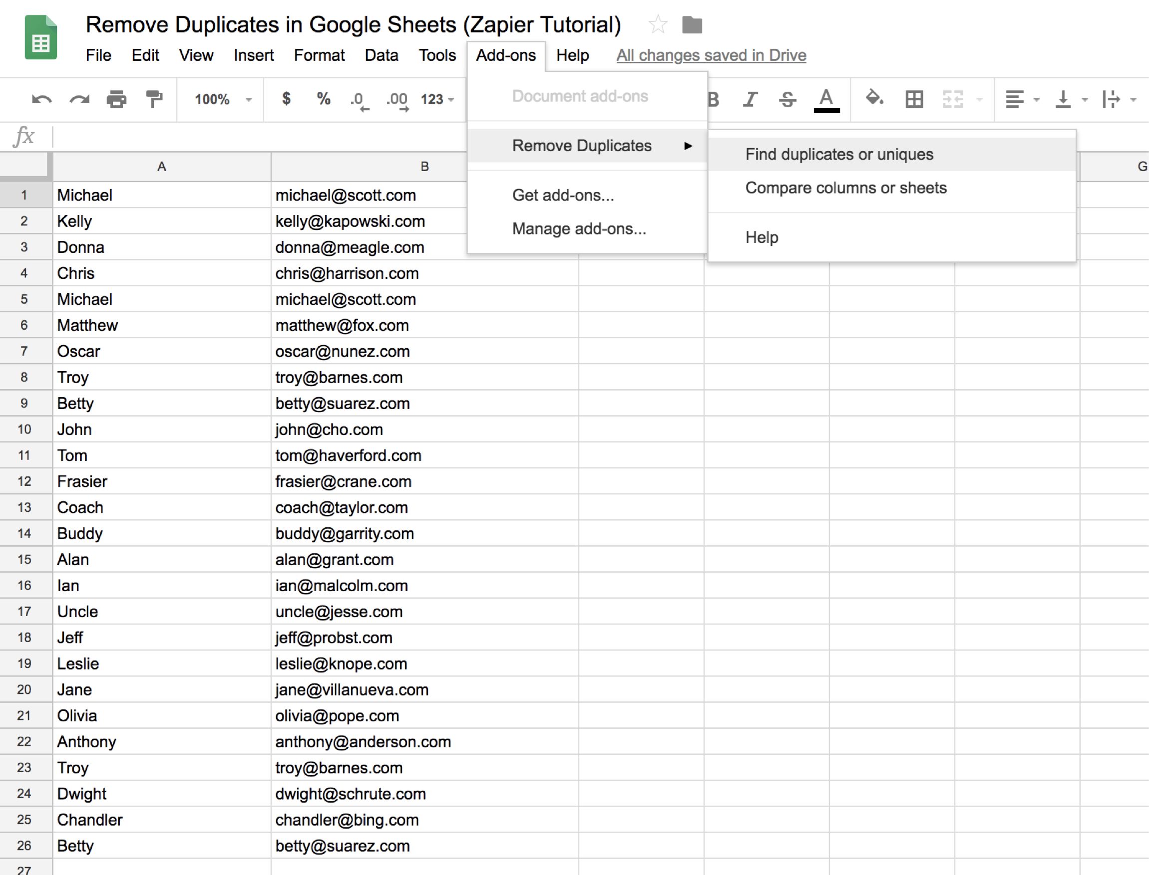 Starting the Remove Duplicates add-on