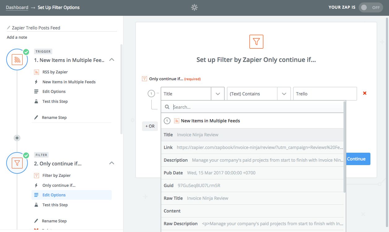 Add filter to RSS feed in Zapier