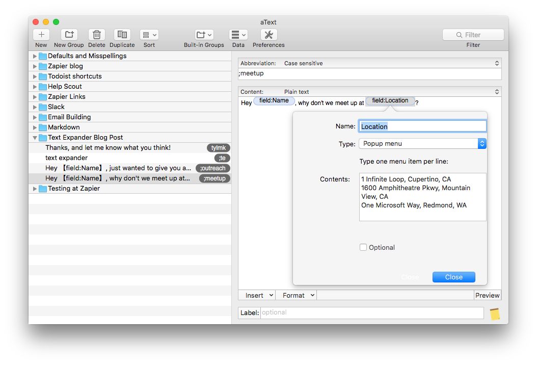 popup fields