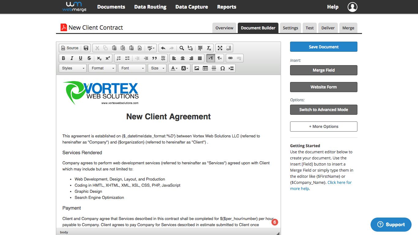 Build template document in WebMerge