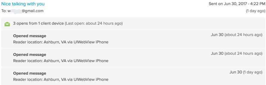 Screenshot of an email augmented with when the email was opened, and from where.