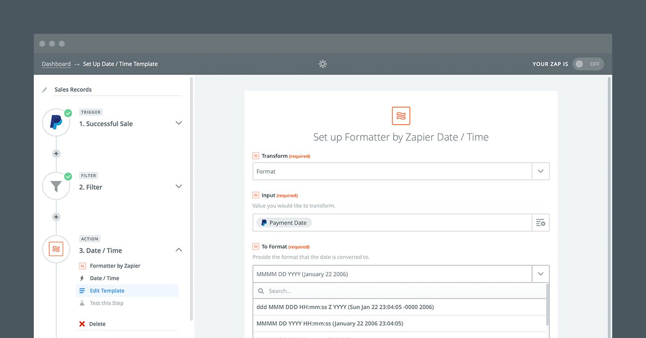 Zapier Formatter can convert PayPal text to the format you want before adding it to another app