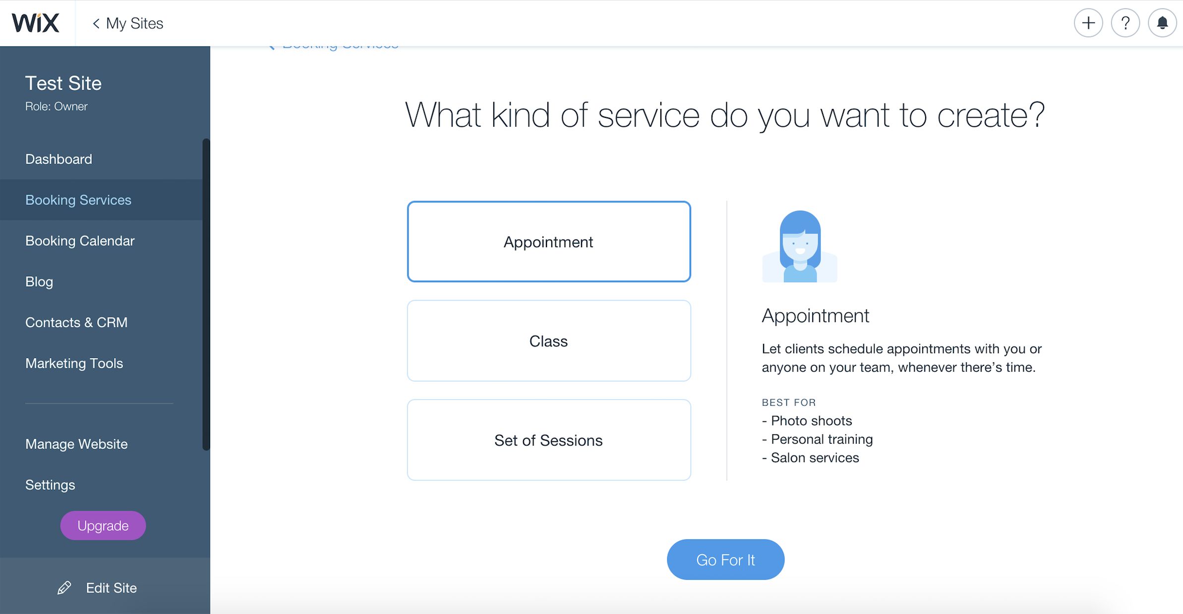 Wix page builder screenshot