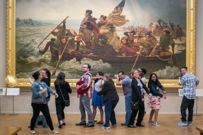One of Museum Hack's groups crossing the Delaware at the Metropolitan Museum of Art.