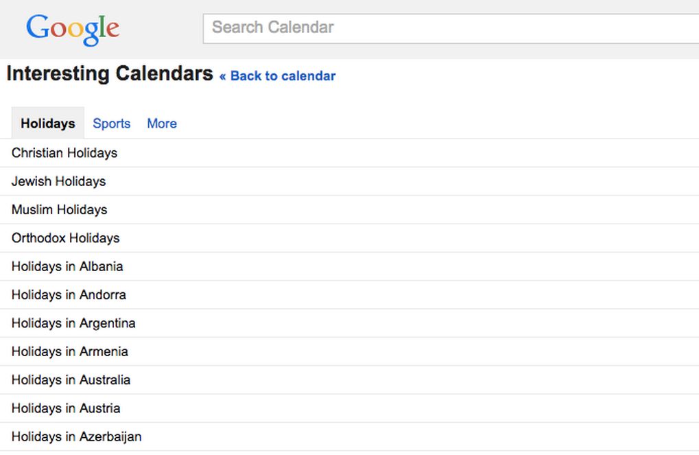 Google Calendar holiday calendar