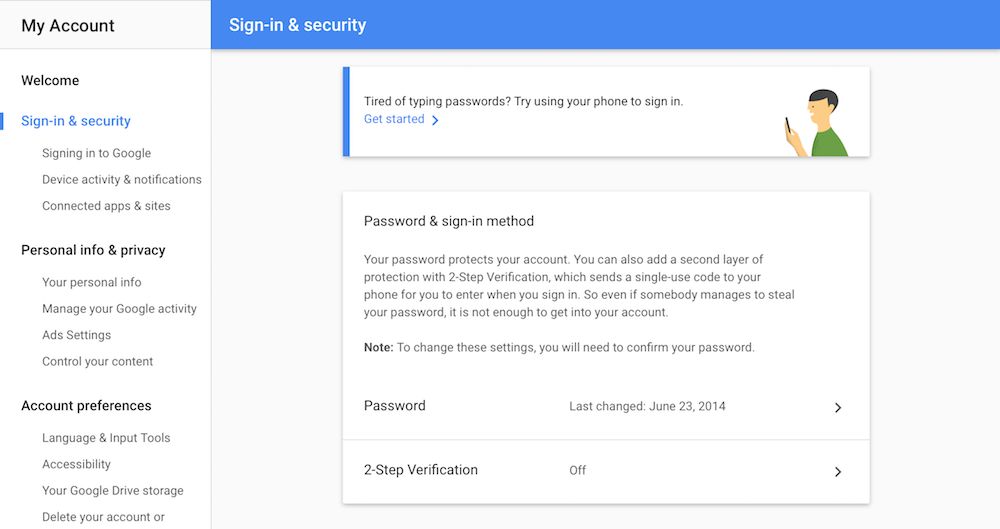 Google two-factor authentication settings