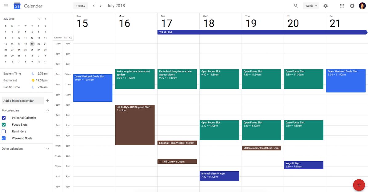 Google Calendar with focus slots