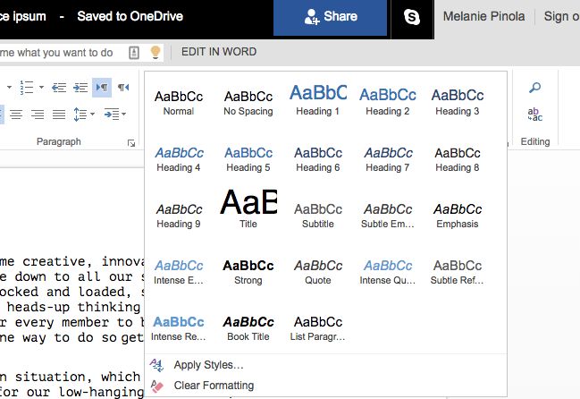 Word Online Styles