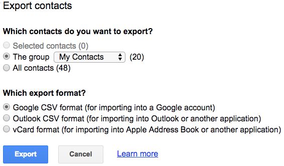 Select which Google Contacts to export