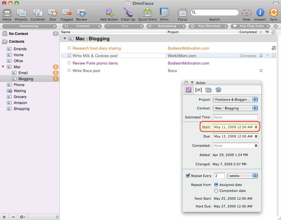 Omnifocus start time