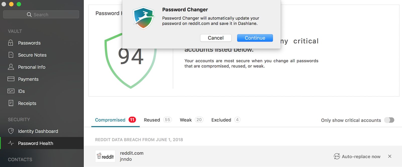 Dashlane password alert