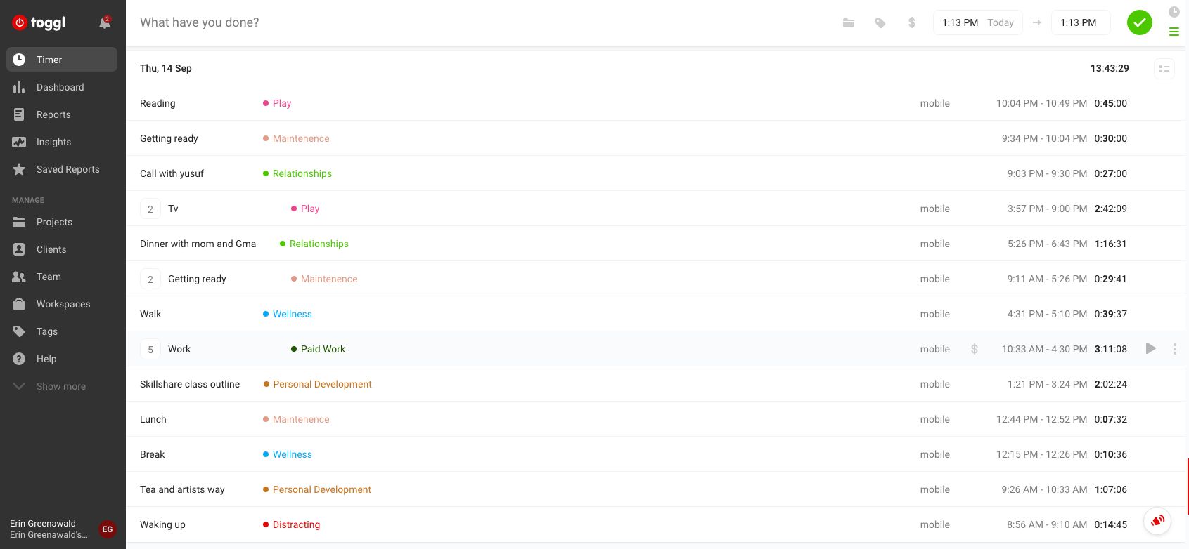 Toggl time tracking example