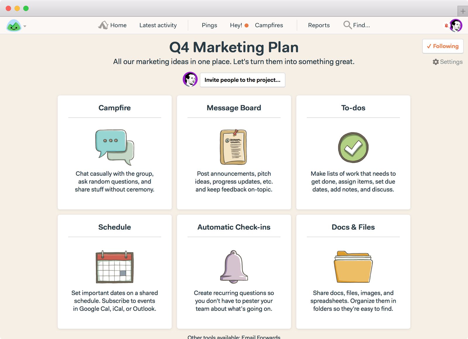 Basecamp 3's six main tools