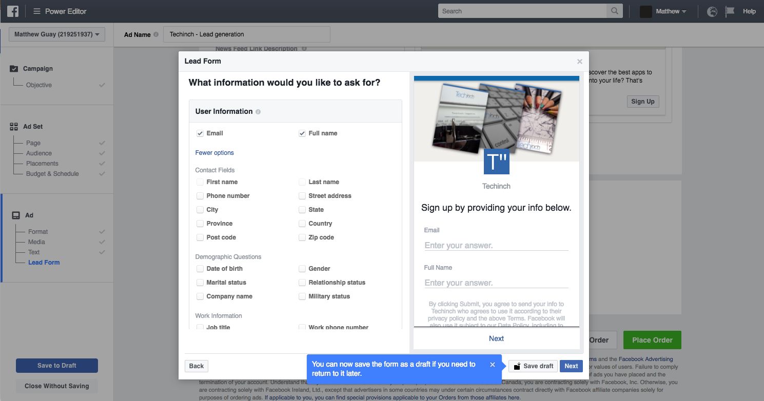 Facebook Lead Ads setup screen