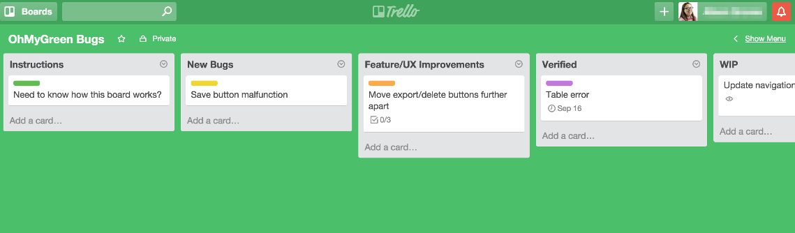 Oh My Green Trello bugs board