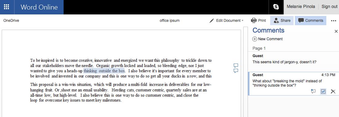Word Online comments