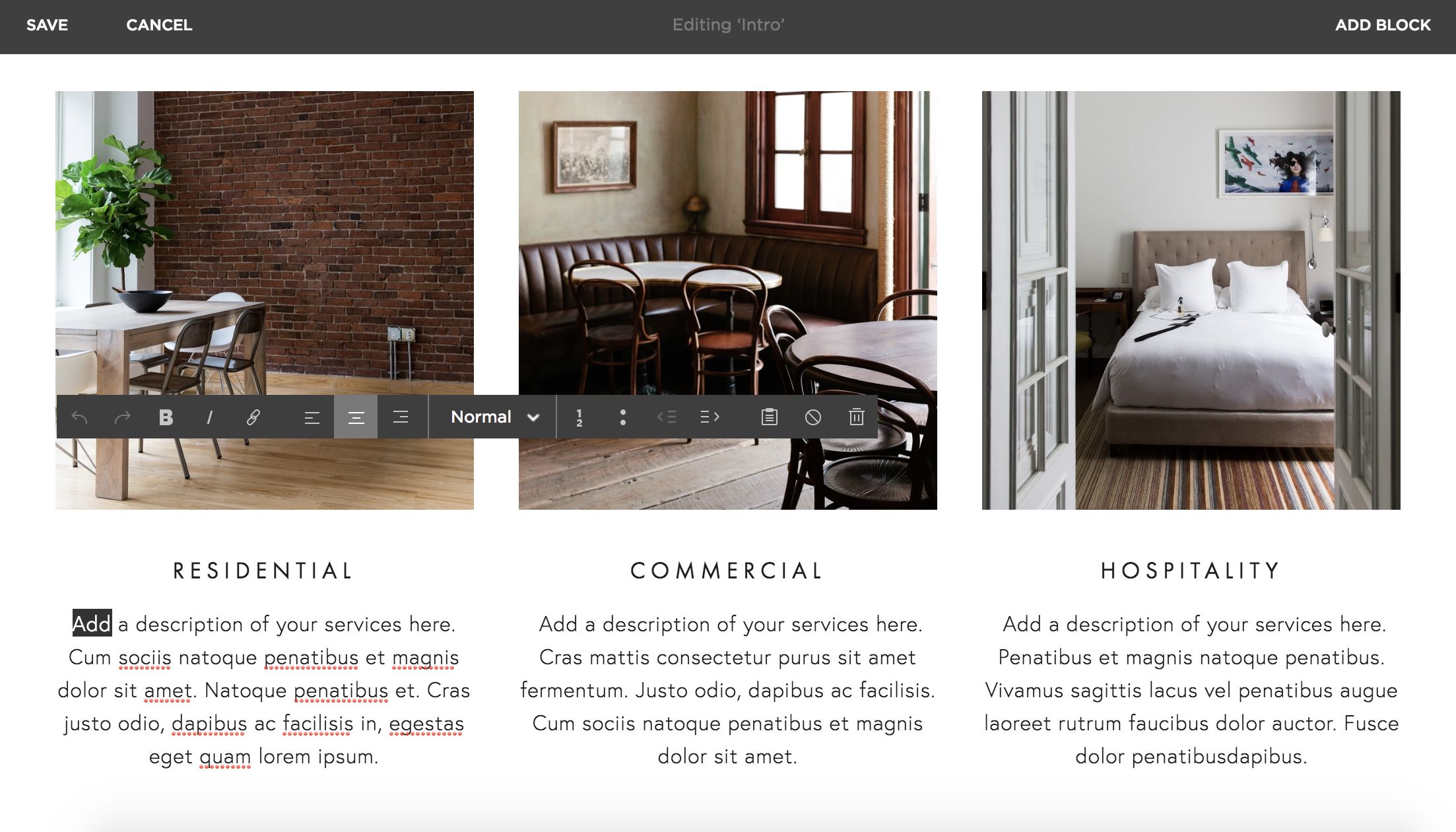 Squarespace page builder screenshot
